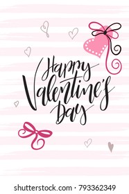 Vector illustration of valentine's day greetings card with hand lettering label - happy valentine's day - with doodle hearts.