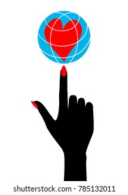Vector illustration for Valentine's day hand holding on your finger globe with heart inside. Heart vector. Hand isolated on white background. Red heart icon. Hand with heart vector.