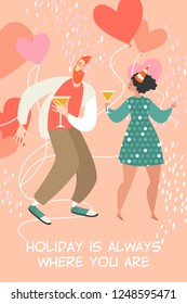Vector illustration of Valentines day with a happy couple dancing and drinking wine. Cartoon characters