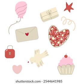 Vector illustration, valentine's day, Heart shape set, February 14th celebration, Cute gifts, Red and pink colors, Clip art collection, Isolated elements, Decorations for Valentine cards