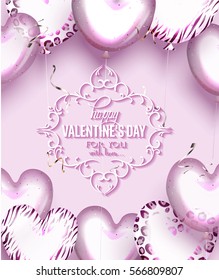 Vector illustration for Valentine's Day with heart shaped air balloons and floral design frame