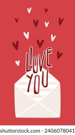 Vector illustration for Valentine's Day with hearts. Greeting card, love romantic messages in red, pink and white colors