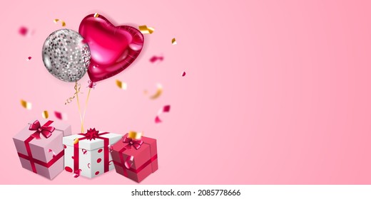 Vector illustration for Valentine's Day with helium balloons, small blurry pieces of serpentine and several red and white gift boxes with ribbons, bows and pattern of hearts, on pink background