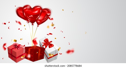 Vector illustration for Valentine's Day with helium balloons, small blurry pieces of serpentine and several red, pink and white gift boxes with ribbons, bows and pattern of hearts, on light background
