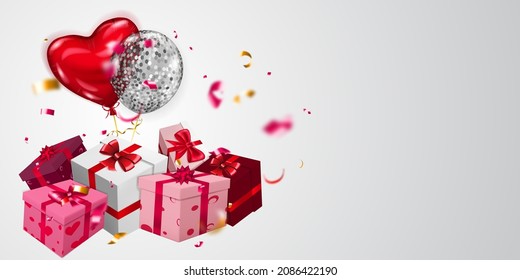 Vector illustration for Valentine's Day with helium balloons, small blurry pieces of serpentine and several red, pink and white gift boxes with ribbons, bows and pattern of hearts, on light background