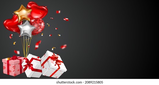 Vector illustration for Valentine's Day with helium balloons, small blurry pieces of serpentine and several red, pink and white gift boxes with ribbons, bows and pattern of hearts, on black background