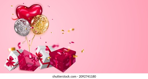 Vector illustration for Valentine's Day with helium balloons, small blurry pieces of serpentine and several red and white gift boxes with ribbons, bows and pattern of hearts, on pink background