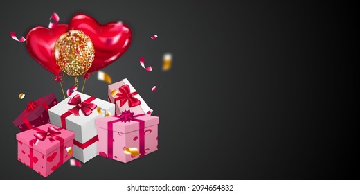 Vector illustration for Valentine's Day with helium balloons, small blurry pieces of serpentine and several red, pink and white gift boxes with ribbons, bows and pattern of hearts, on black background