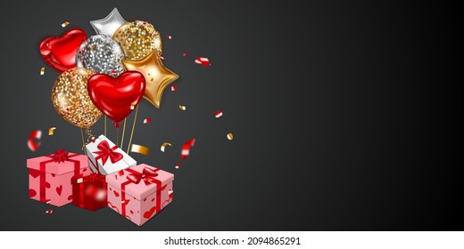 Vector illustration for Valentine's Day with helium balloons, small blurry pieces of serpentine and several red, pink and white gift boxes with ribbons, bows and pattern of hearts, on black background