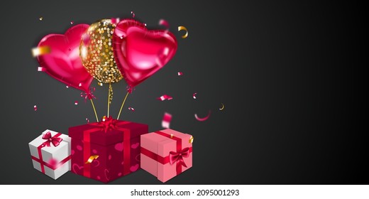 Vector illustration for Valentine's Day with helium balloons, small blurry pieces of serpentine and several red, pink and white gift boxes with ribbons, bows and pattern of hearts, on black background