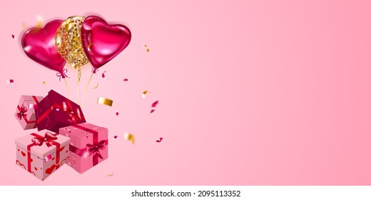 Vector illustration for Valentine's Day with helium balloons, small blurry pieces of serpentine and several red and white gift boxes with ribbons, bows and pattern of hearts, on pink background