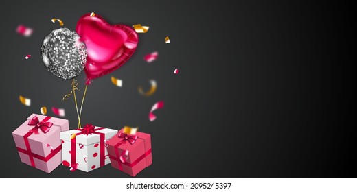 Vector illustration for Valentine's Day with helium balloons, small blurry pieces of serpentine and several red, pink and white gift boxes with ribbons, bows and pattern of hearts, on black background