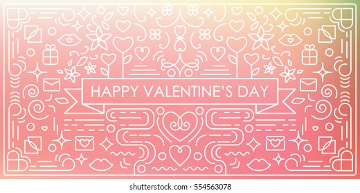 vector illustration of  Valentines Day horizontal banner with single weight line art swirls and decorative elements with blurry pink background and text in the middle