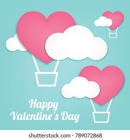 Vector Illustration Valentine's Day Hot Air Ballon Heart Shapes on Blue Background