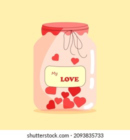 Vector illustration for Valentine's Day. Jar filled hearts. Sticker for Valentines day. Jam made with love.