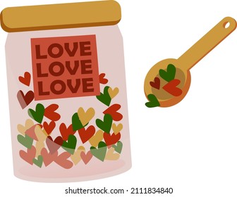 Vector illustration for Valentine's Day. A jar. Jar and hearts. Sweet hearts in a jar. Candy in a jar. It can be used for printing, postcards, posters, stickers, etc.