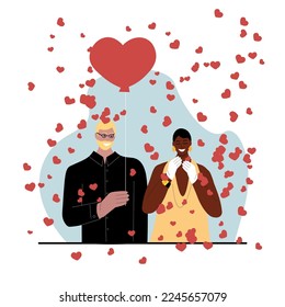 Vector illustration for Valentines Day. A lightskinned man gives a darkskinned woman ball in the shape of a heart. And hearts fly around.