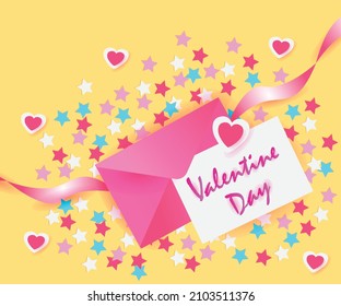 Vector illustration of a Valentine's Day love letter with colorful stars. The letter is pink and has a beautiful ribbon cut.
