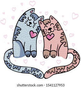 Vector illustration for Valentine's Day. Lovely cats in love. Ideal for gift and paper products.