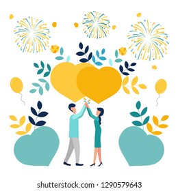Vector illustration, valentine's day. Lovers exchange hearts, a big heart, a holiday love symbol. Template for postcard