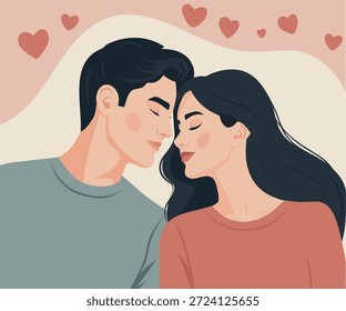 Ilustração vetorial para o Dia dos Namorados. Um casal amoroso, um homem e uma mulher, deitados de perfil, com os olhos fechados. Ideal para férias, temas românticos, psicologia de relacionamento, temas familiares, mídias sociais