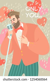 Vector illustration of Valentines day with  man singing a love song. Greeting card in cartoon style.