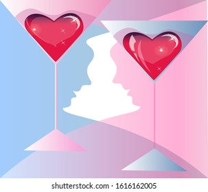vector illustration for Valentine's day. illustration of a man and woman.  Glasses with hearts on the background of profiles of man and woman for Valentine's day greeting cards.