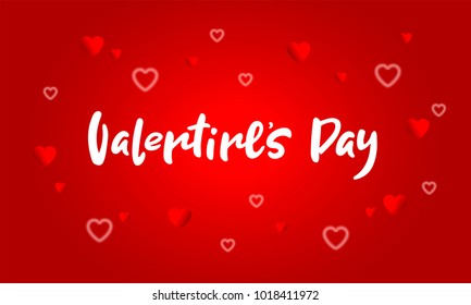 Vector illustration Valentines day on red background with hearts.Hand lettering Valentines day  for cover, banner, poster, card, billboard, sticker, flyer.Calligraphic design.Text background.