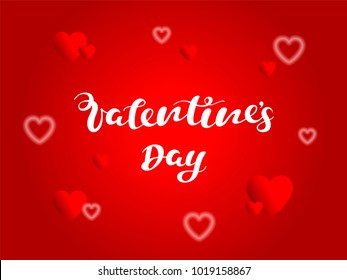 Vector illustration Valentines day on red background with hearts.Hand lettering Valentines day  for cover, banner, poster, card, billboard, sticker, flyer.Calligraphic design.Text background.