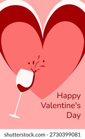 Vector illustration for Valentine's Day on February 14 with hearts, a glass of red wine and text