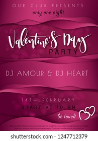 Vector illustration of valentine's day party poster template with hand lettering label - happy valentine's day - with waves, heart shapes and flare.