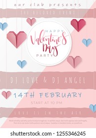 Vector illustration of valentine's day party poster template with hand lettering label - happy valentine's day - with paper origami heart shapes.