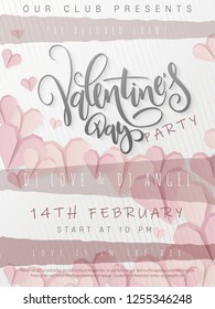 Vector illustration of valentine's day party poster template with hand lettering label - happy valentine's day - with paper origami heart shapes.