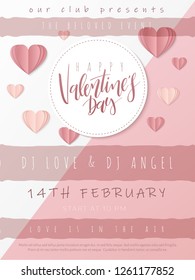 Vector illustration of valentine's day party poster template with hand lettering label - happy valentine's day - with paper origami heart shapes.