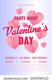 Vector Illustration Valentines Day Party Night Poster. Modern Background With Heart Origami Shape.