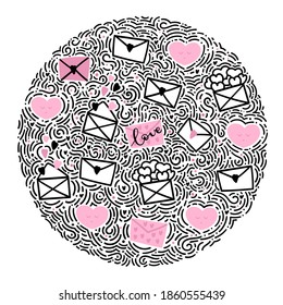 Vector illustration for Valentine's day. Pattern in a circle of letters with hearts of even color. Doodle style