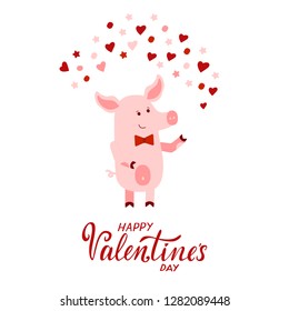 Vector illustration for Valentines Day with pig. Romantic greeting card, typography poster. Vector  banner template. EPS 10