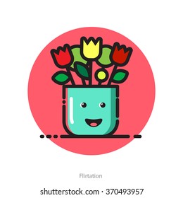 Vector illustration for Valentines day postcard of smiling flower pot, flirtation concept icon