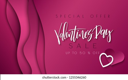 Vector illustration of valentine's day promotion banner template with hand lettering label - valentine's day - with paper origami heart shapes on waves background.