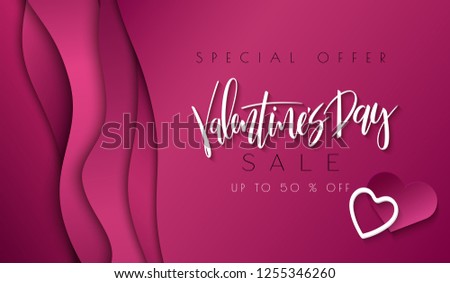 Vector illustration of valentine's day promotion banner template with hand lettering label - valentine's day - with paper origami heart shapes on waves background.