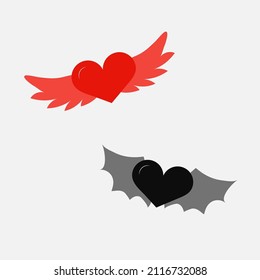 Vector illustration of Valentine's Day. Red and black heart with wings. Flying hearts.