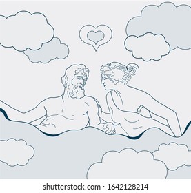 Vector Illustration for Valentines day, relations, love, sex, dispute resolution, quarrel. Ancient Greek gods Zeus, Hera argue in clouds sky on grey background. Website, cover, article, banner.