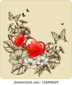 Vector illustration of Valentine's Day with roses and butterflies.