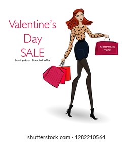 Vector Illustration of Valentine's Day Sale. Fashion Drawing with A Beautiful Girl in Stylish Clothes with Shopping Bags. Banner with Discount Offer for Lovers