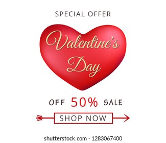 Vector illustration of Valentines day sale discount banner with red heart isolated on white background. Romantic template of greeting card. Design for posters, invitation, flyers