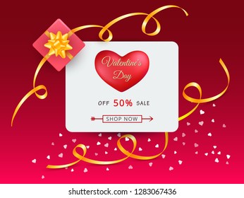 Vector illustration of Valentines day sale banner with red love heart, gift box and typography text isolated on pink background. Romantic template of valentines greeting card with golden ribbons