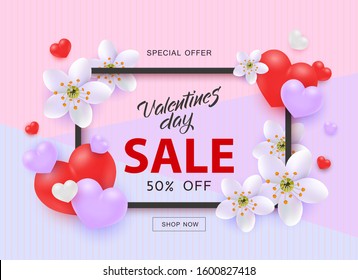 Vector illustration of Valentines Day Sale template with sign in frame surrounded by red and purple heart shapes and white flowers in realistic 3d style on pastel tricolor background.