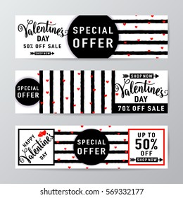 Vector illustration of valentines day sale banner set with red hearts, rough strips, black round frame and typography text sign special offer, up to 50 percent off