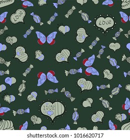 Vector illustration. Valentine':s Day seamless with green, gray and neutral hearts on background.