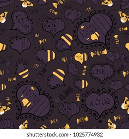 Vector illustration. Valentine':s Day seamless with purple, brown and black hearts on background.